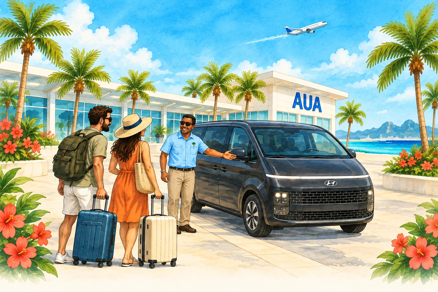 An illustrated island welcome: a driver greets two travelers beside a dark passenger van at Aruba Airport.