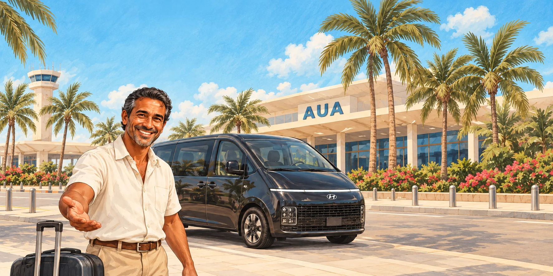 A warm illustrated welcome: a smiling driver and a dark passenger van outside Aruba Airport.