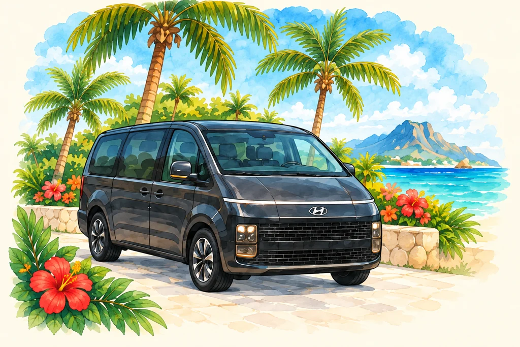 Illustration of a dark passenger van beneath palms beside the Caribbean Sea.